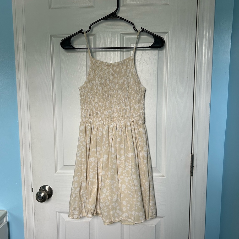 Cream Floral Smocked Casual Sundress with Spaghetti Straps